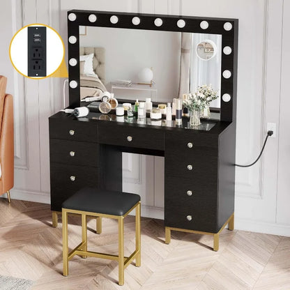 White/Black Vanity Desk with Large Mirror, Lights, and Charging Station