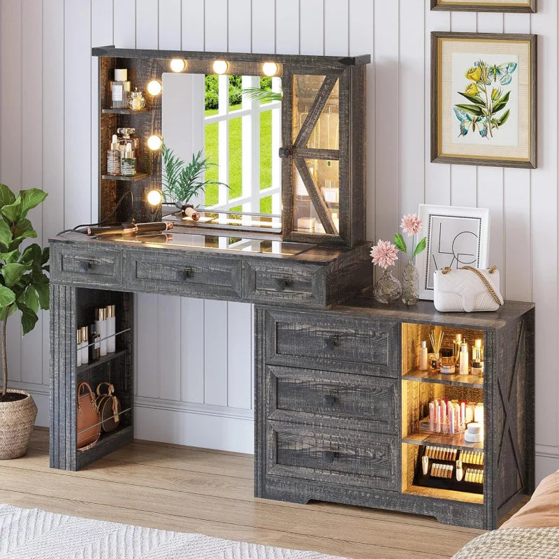 Makeup Desk Set Mirror And Lights Vanity with 6 Drawers/Large Storage