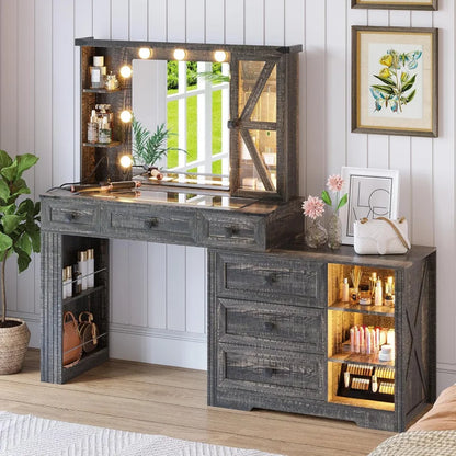 Makeup Desk Set Mirror And Lights Vanity with 6 Drawers/Large Storage