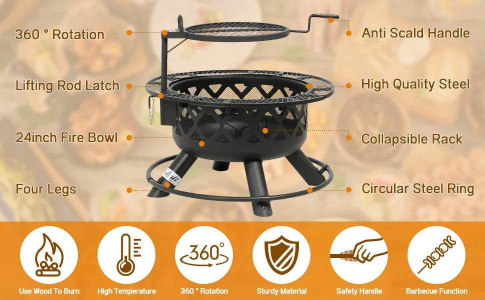 32-inch outdoor Backyard Patio Fire Pit with 18.7 Inch Cooking Grill Grate.