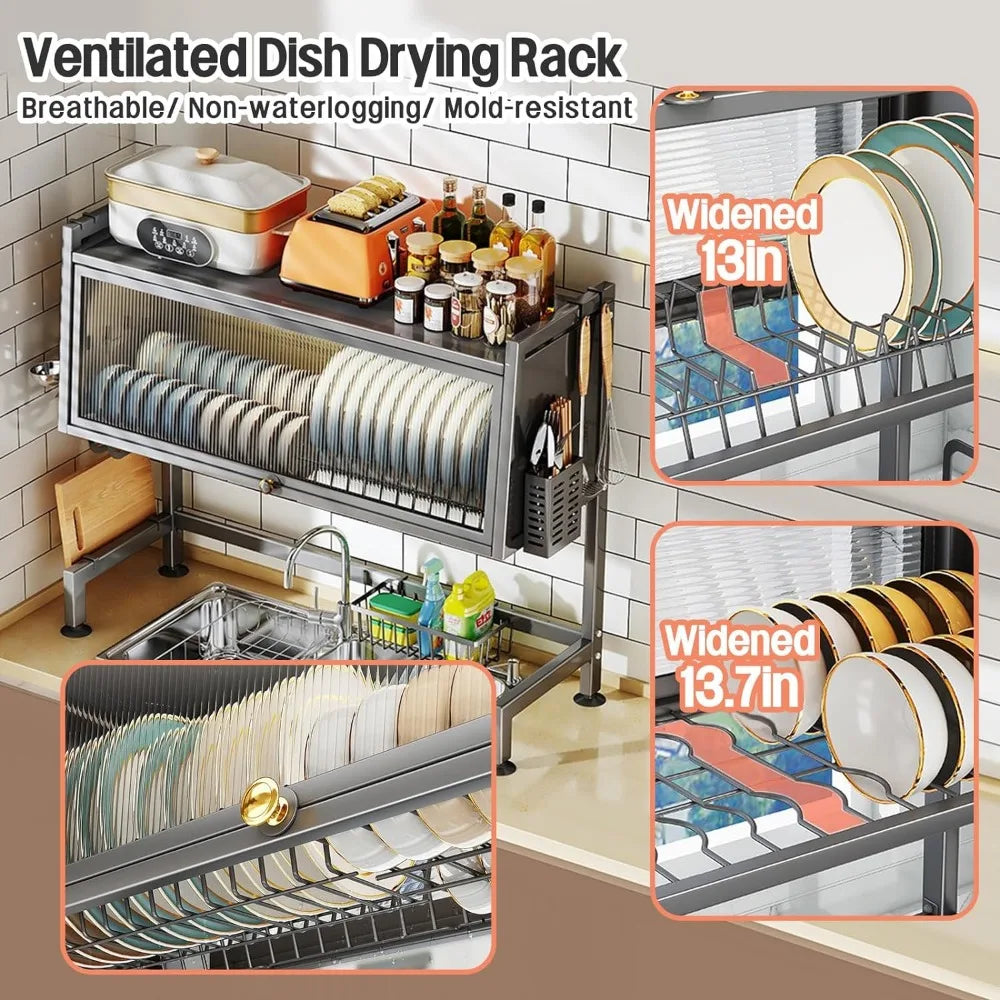 Over The Dish Drying Rack with Cover Over Sink Dish Rack Keep Kitchen Sink Shlef Organized Space-Saving Sink Drying Rac