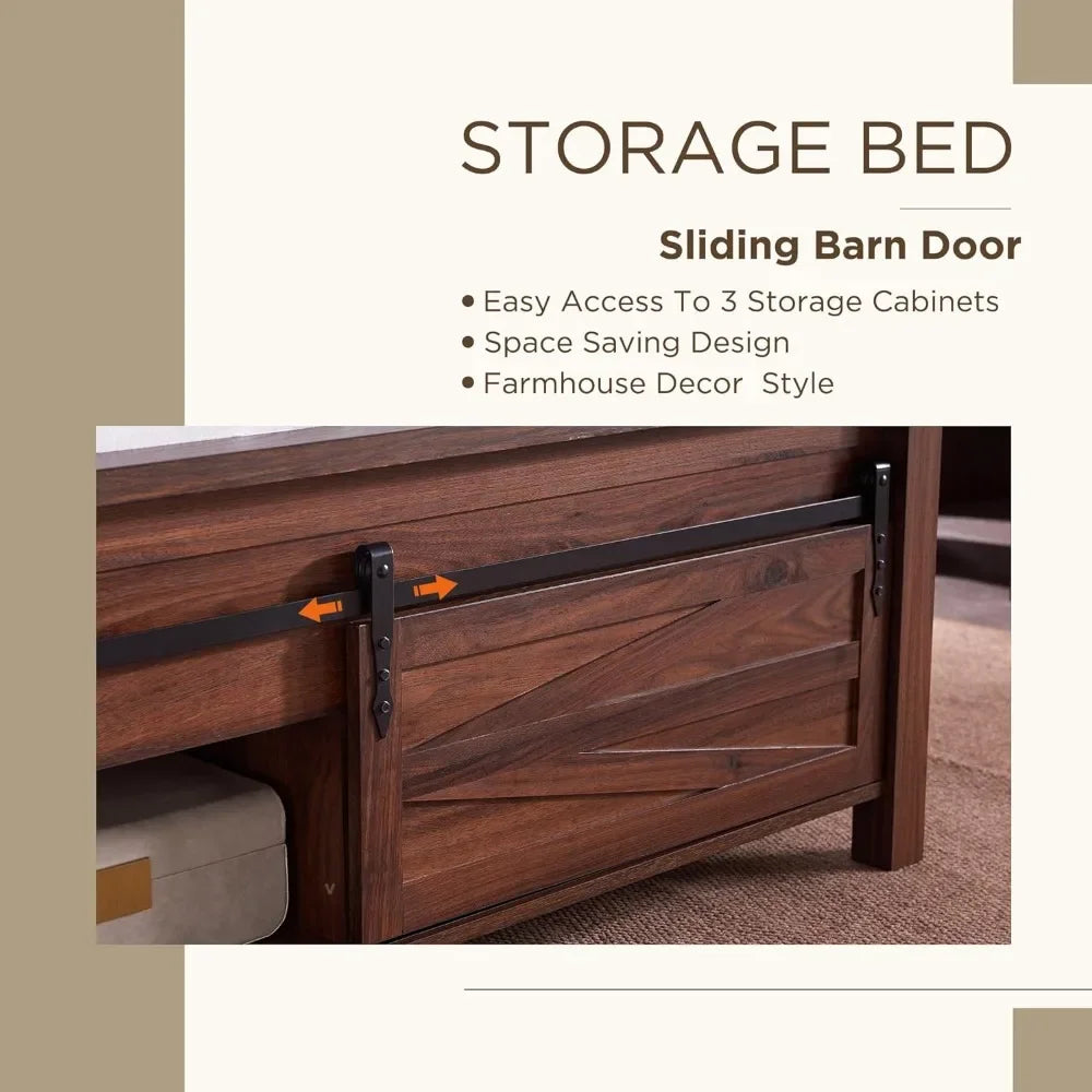 King Size Bed frame with Sliding Barn Door Storage Cabinets