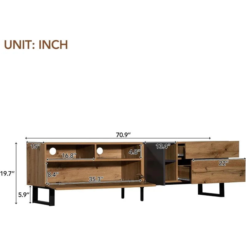 Modern TV Stand with 3 Cabinets & Open Shelves, Entertainment Center for TV's