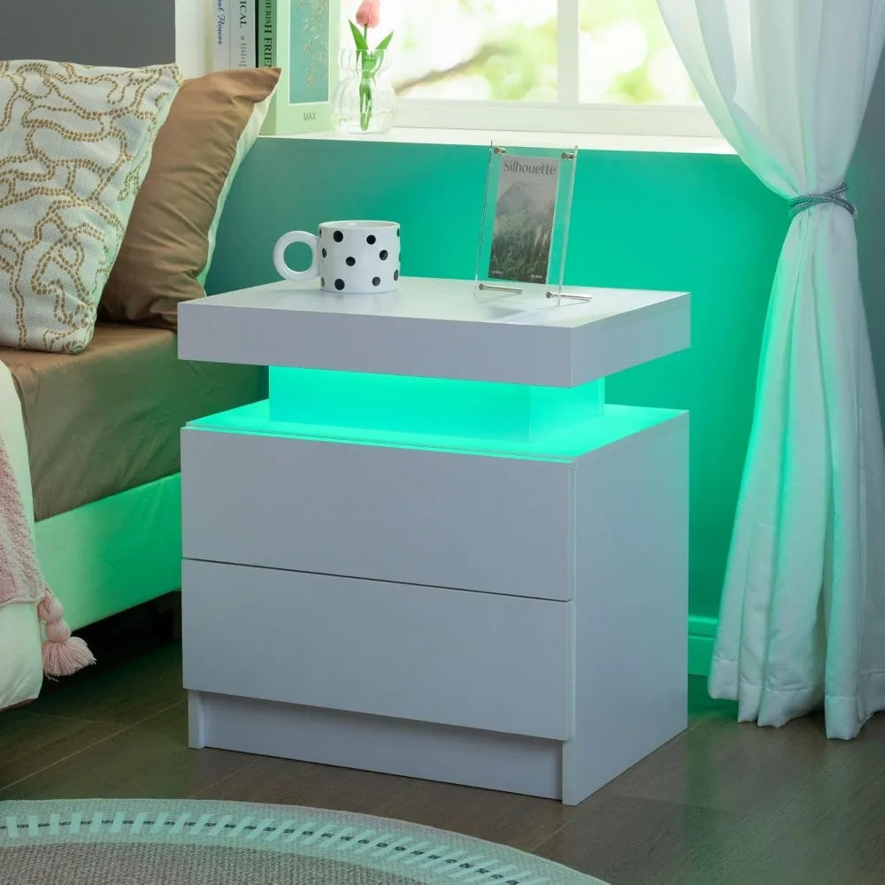 Set of 2 LED Nightstand with 2 Drawers, Bedside Nightstand