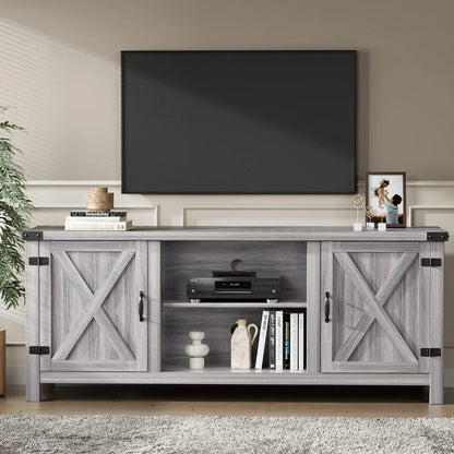 Modern TV Stand with Two Barn Doors and Storage Cabinets