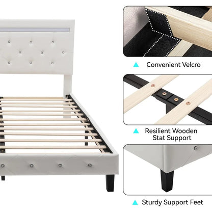 Full-Size Bed Frame with LED Lights and Charging Station