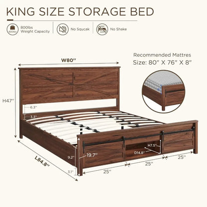 King Size Bed frame with Sliding Barn Door Storage Cabinets