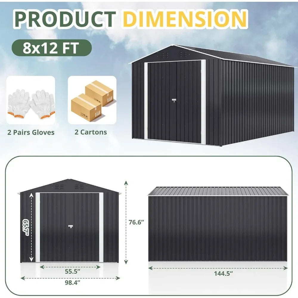 12x8 FT Outdoor Metal Storage Shed With Lockable Doors for Backyard