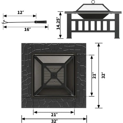 32in Fire Pit Square Metal Table BBQ Firepit Stove