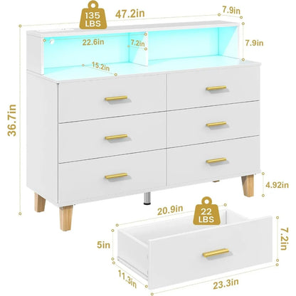 6 6-drawer dresser for Bedroom with LED Light & Power Outlet