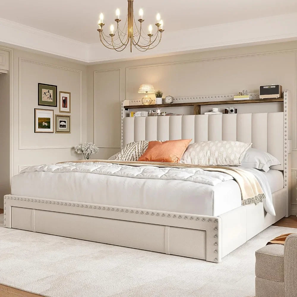 Queen-size upholstered bed frame  with 3 drawers and headboard