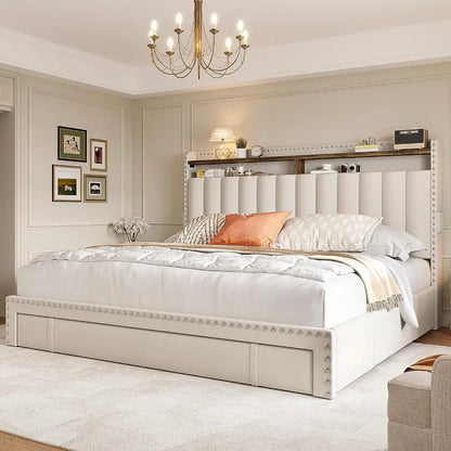 Queen-size upholstered bed frame  with 3 drawers and headboard