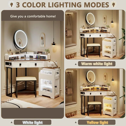 Corner Vanity with Mirror and Lights with Charging Station for Bedroom