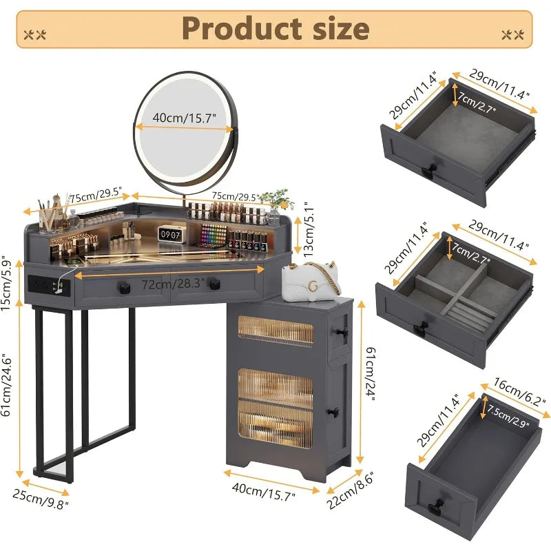 Corner Vanity with Mirror and Lights with Charging Station for Bedroom