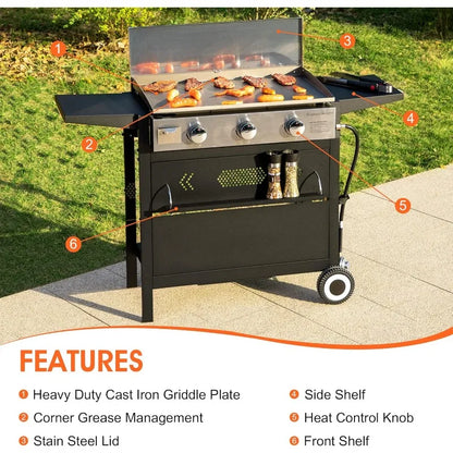 Flat Top 3 Burner Propane Gas Griddle Grill with lid