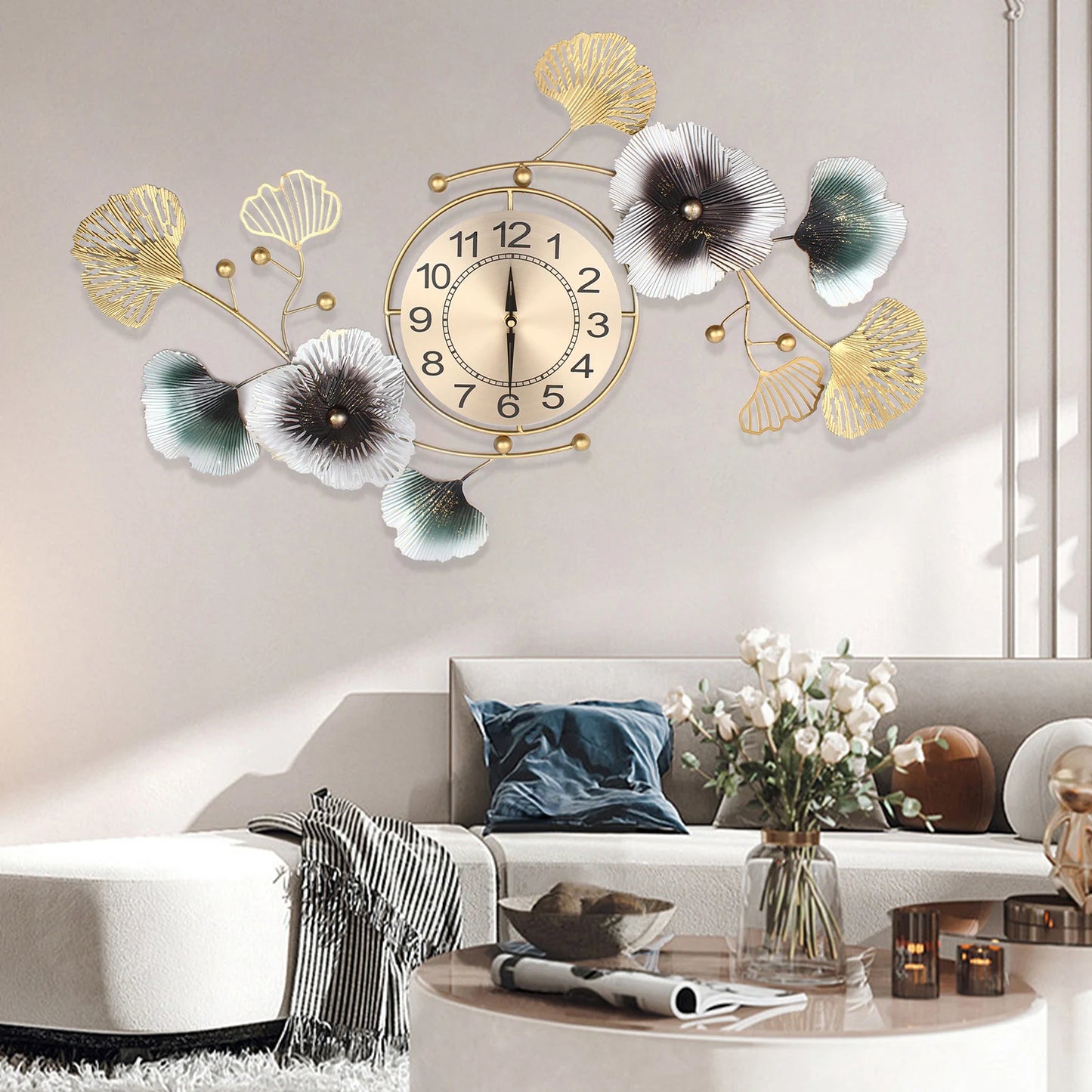 Modern Large Metal Gold-Green Ginkgo Leaf Wall Clock, Quartz Movement