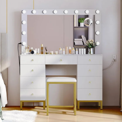 White/Black Vanity Desk with Large Mirror, Lights, and Charging Station