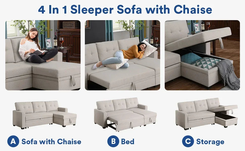 Multifunctional Comfy Sectional Sleeper Sofa with Storage