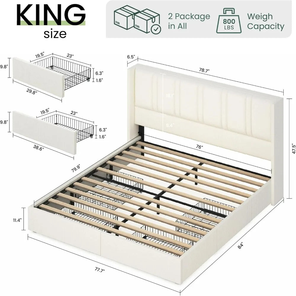 King Size Bed Frame with 4 Storage Drawers