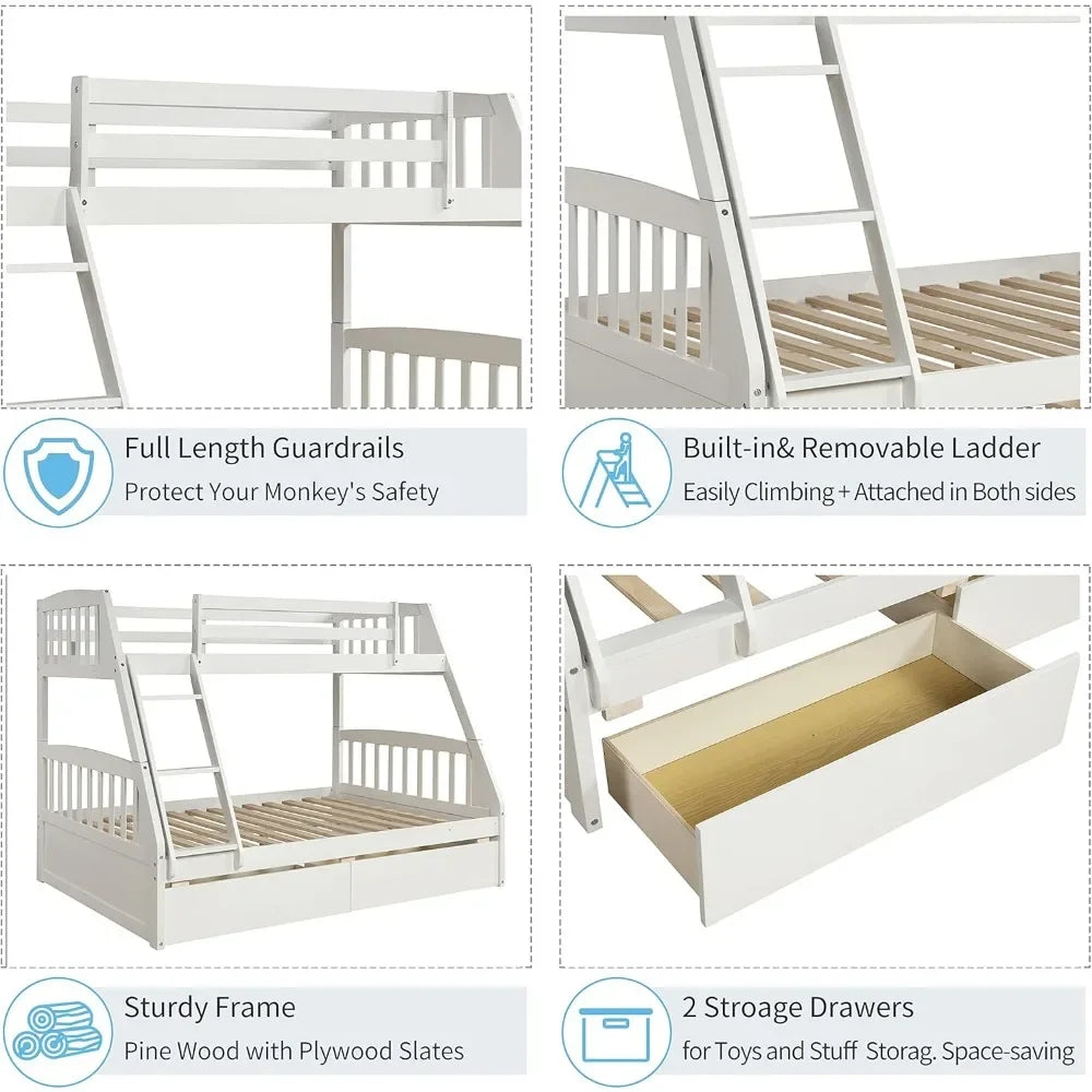 Solid Wood Twin Over Full Bunk Bed with Storage Drawer