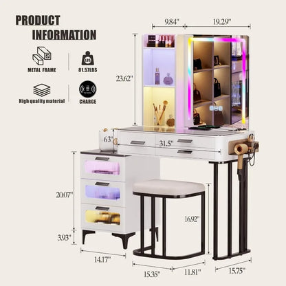 Vanity Desk with Mirror & RGB LED Lights-Vanity Set with USB & Type-C&Wireless Charging Station