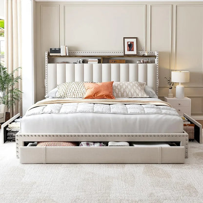 Queen-size upholstered bed frame  with 3 drawers and headboard