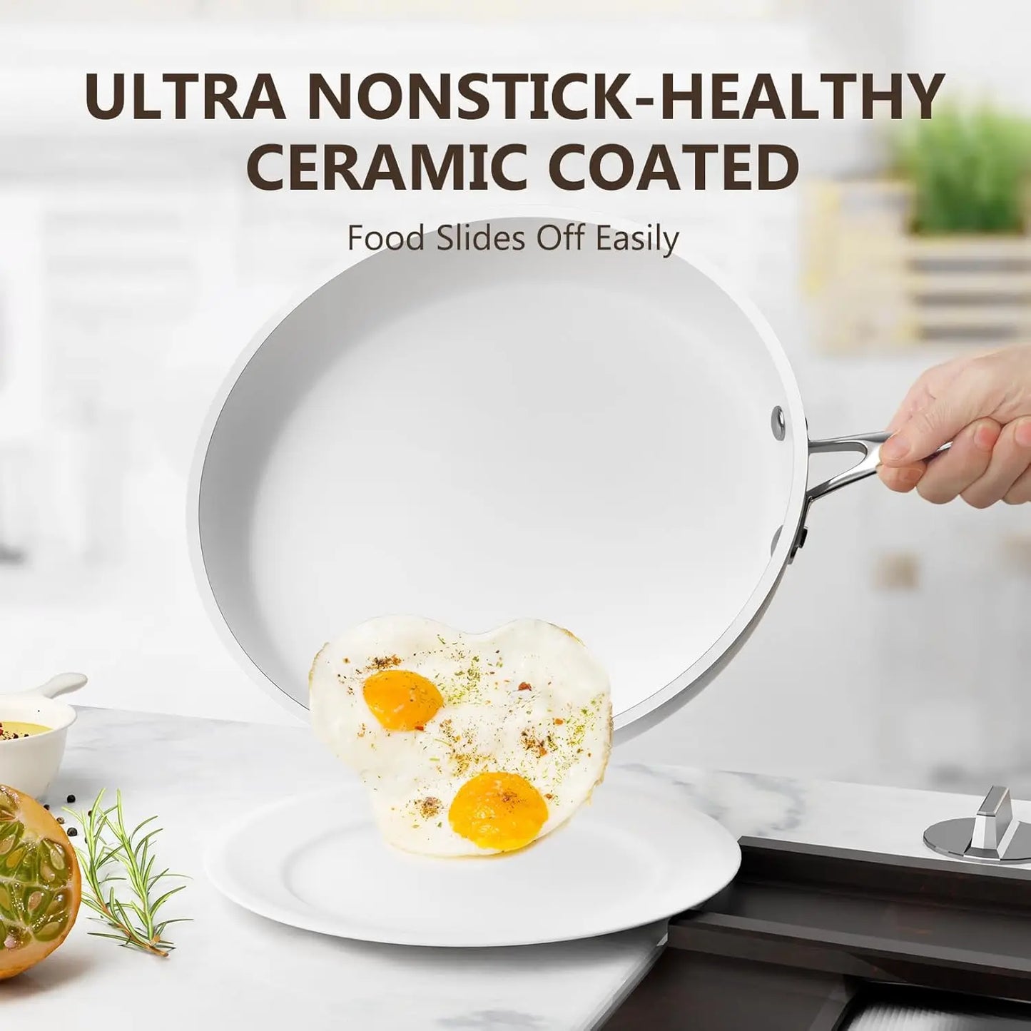 Nonstick Ceramic Cookware Set, 10 Pieces of White Pots and Pans Set with Glass Lids & Stainless Steel Handles