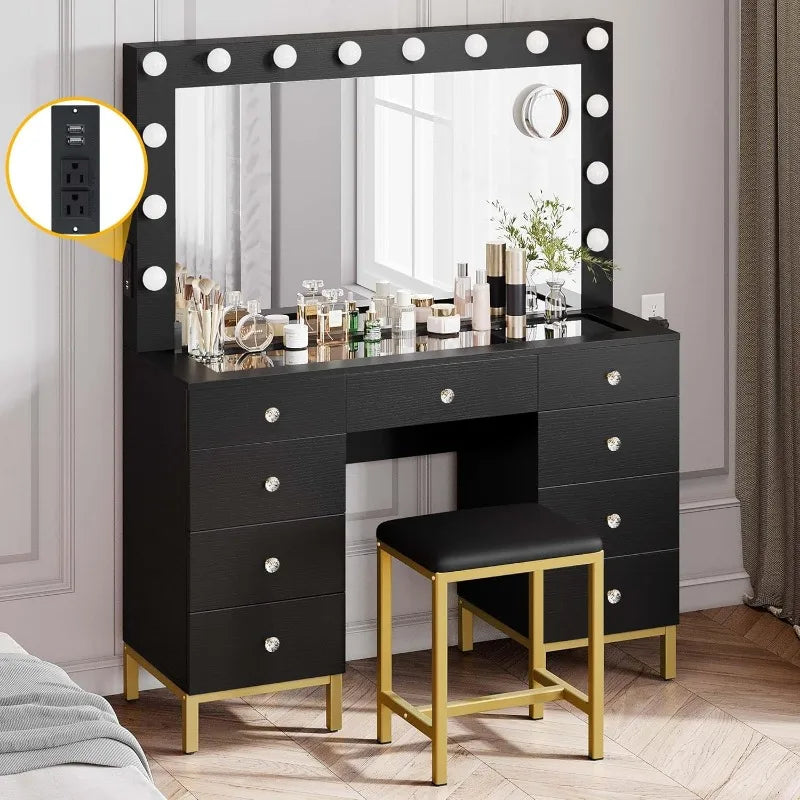 White/Black Vanity Desk with Large Mirror, Lights, and Charging Station