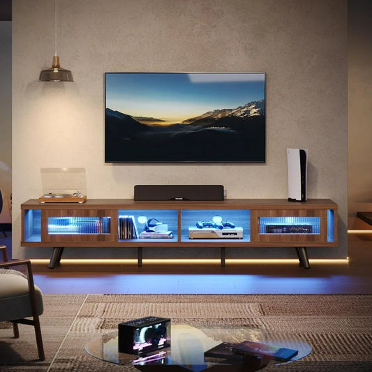 LED Entertainment Center With Storage And Sliding Doors, Low Profile