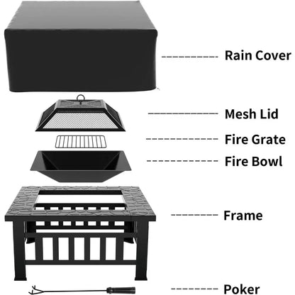 32in Fire Pit Square Metal Table BBQ Firepit Stove