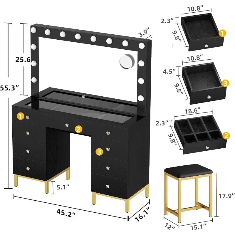 White/Black Vanity Desk with Large Mirror, Lights, and Charging Station