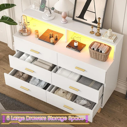 6 6-drawer dresser for Bedroom with LED Light & Power Outlet