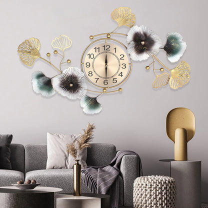 Modern Large Metal Gold-Green Ginkgo Leaf Wall Clock, Quartz Movement