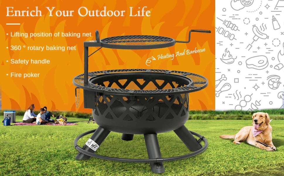 32-inch outdoor Backyard Patio Fire Pit with 18.7 Inch Cooking Grill Grate.