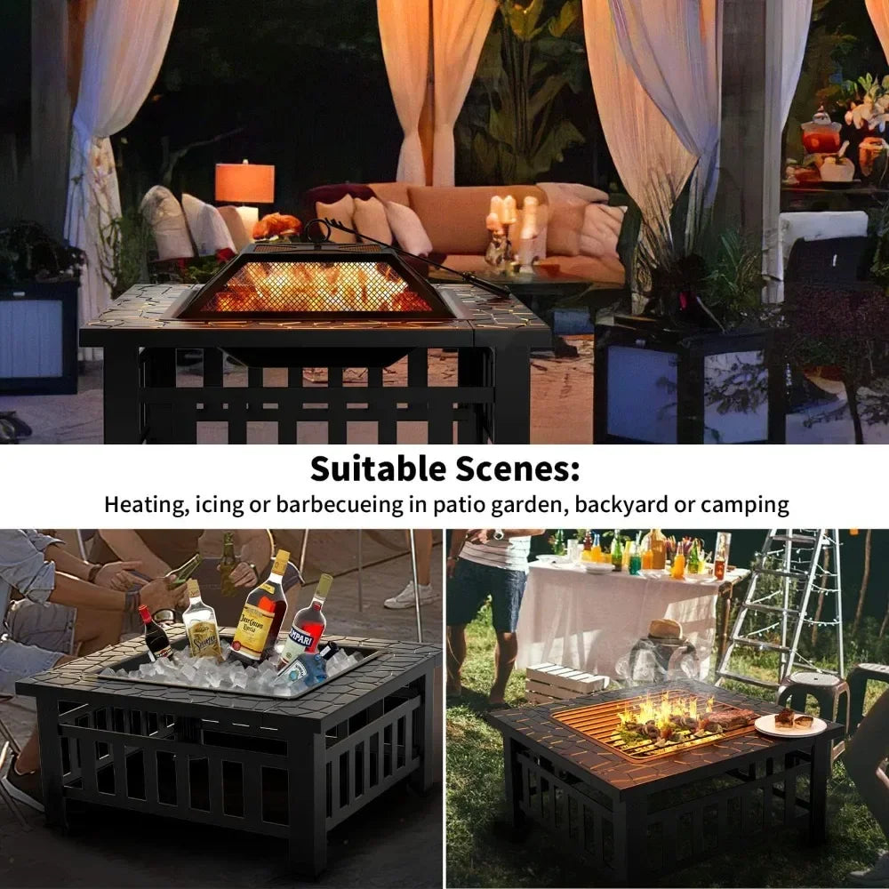 32in Fire Pit Square Metal Table BBQ Firepit Stove