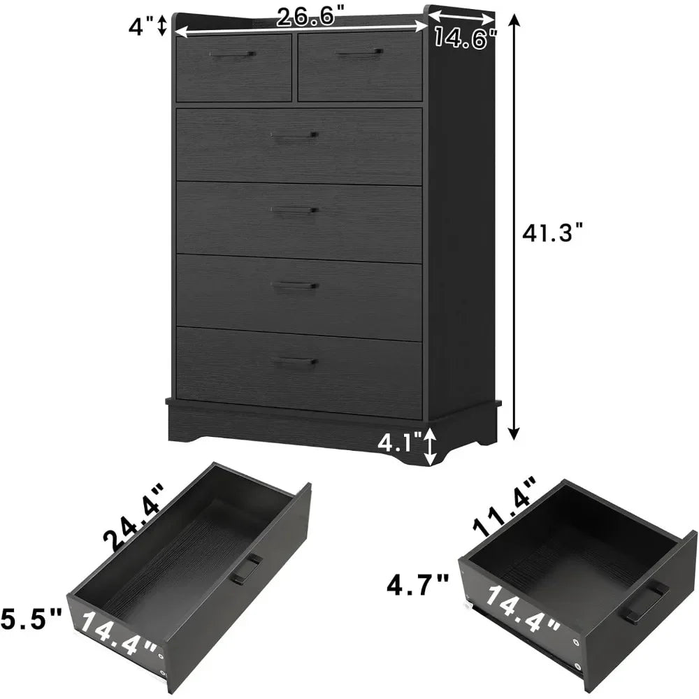 Black 6 Drawer Dresser, Wooden Storage Chest