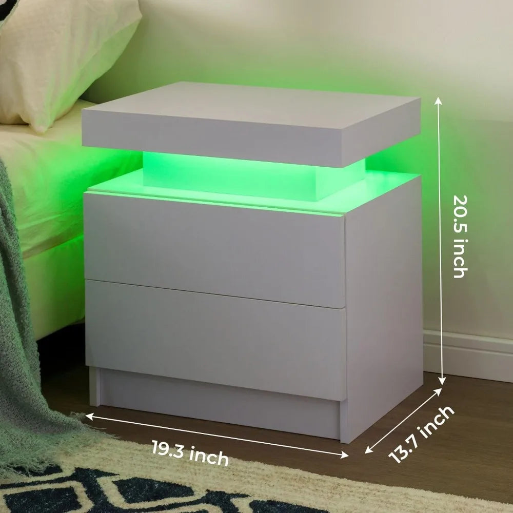 Set of 2 LED Nightstand with 2 Drawers, Bedside Nightstand