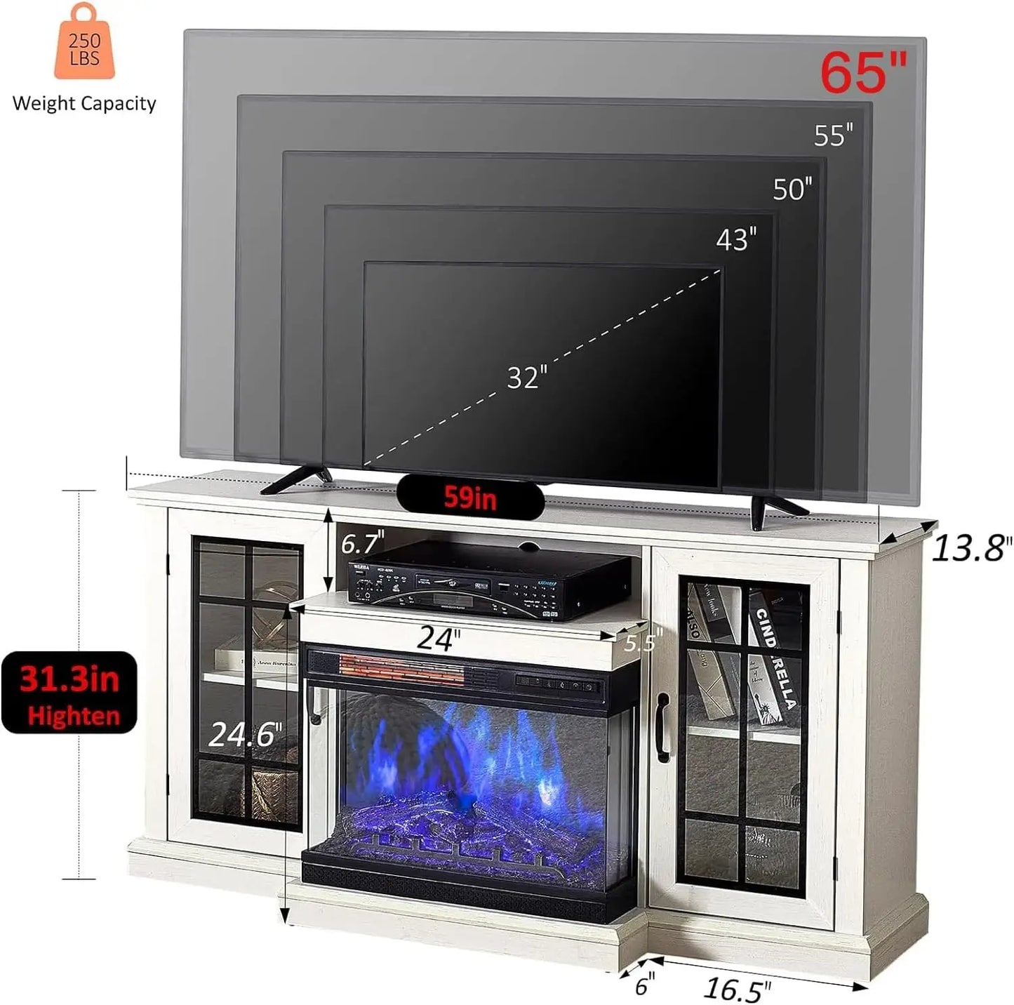 3-Sided Glass Fireplace TV Stand for TVs up to 65''