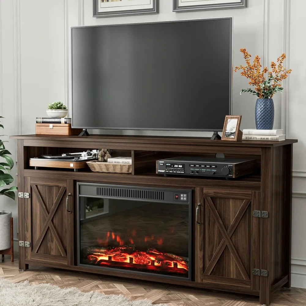 Modern TV Stand with Two Barn Doors and Storage Cabinets