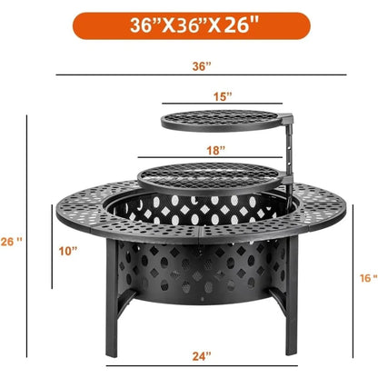 36 Inch Three in One Fire Pit with 2 Grills, Outdoor Wood Burning Fire Pit