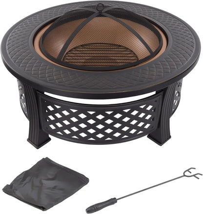 Fire Pit - 32-Inch Outdoor Fireplace with Spark Screen, Poker, and Cover