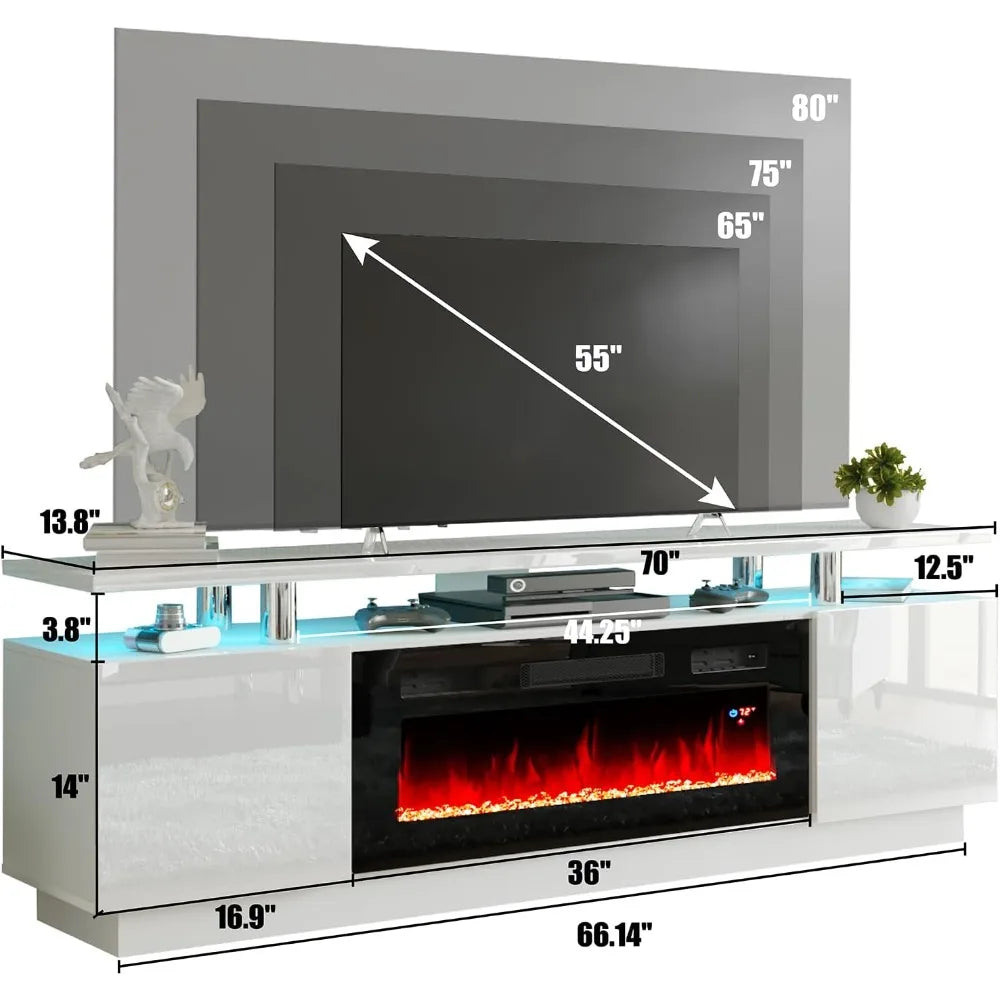 TV Stand with 36" Fireplace, 70" Modern High Gloss Fireplace Entertainment Center