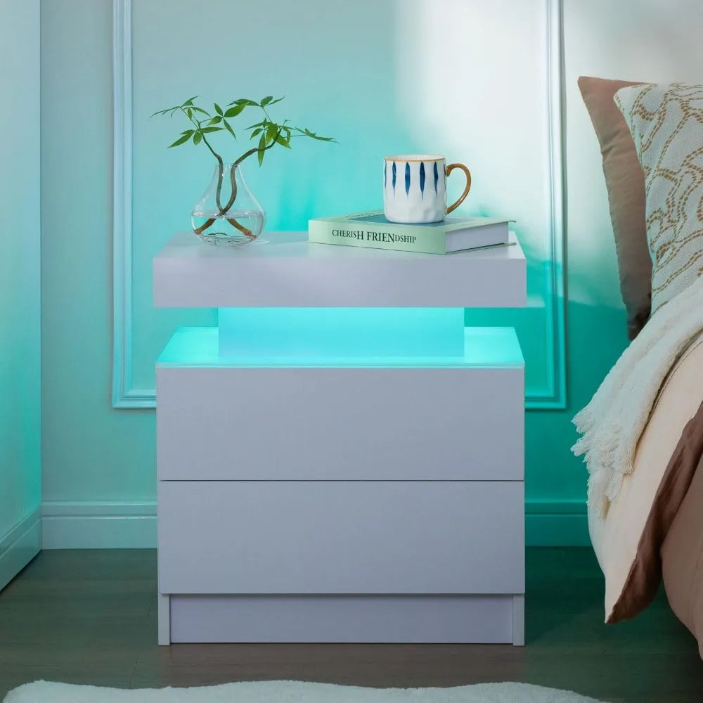 Set of 2 LED Nightstand with 2 Drawers, Bedside Nightstand