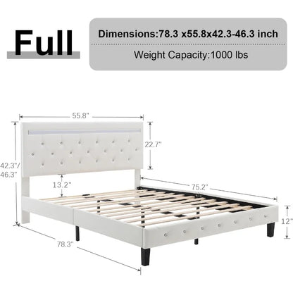 Full-Size Bed Frame with LED Lights and Charging Station