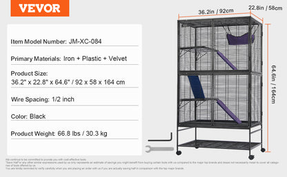 64.6" Rolling Metal Ferret Cage Large 4-Tier Small Animal Cage